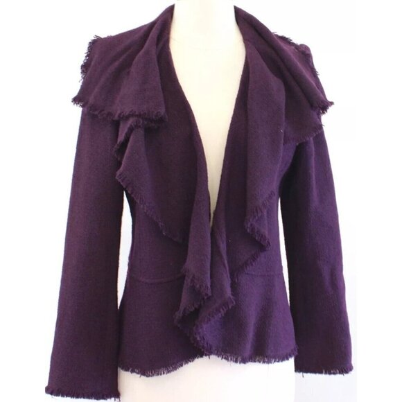 Lafayette 148 NY Purple Wool Tweed Draped Ruffle Fringe Cardigan Jacket - Picture 1 of 11